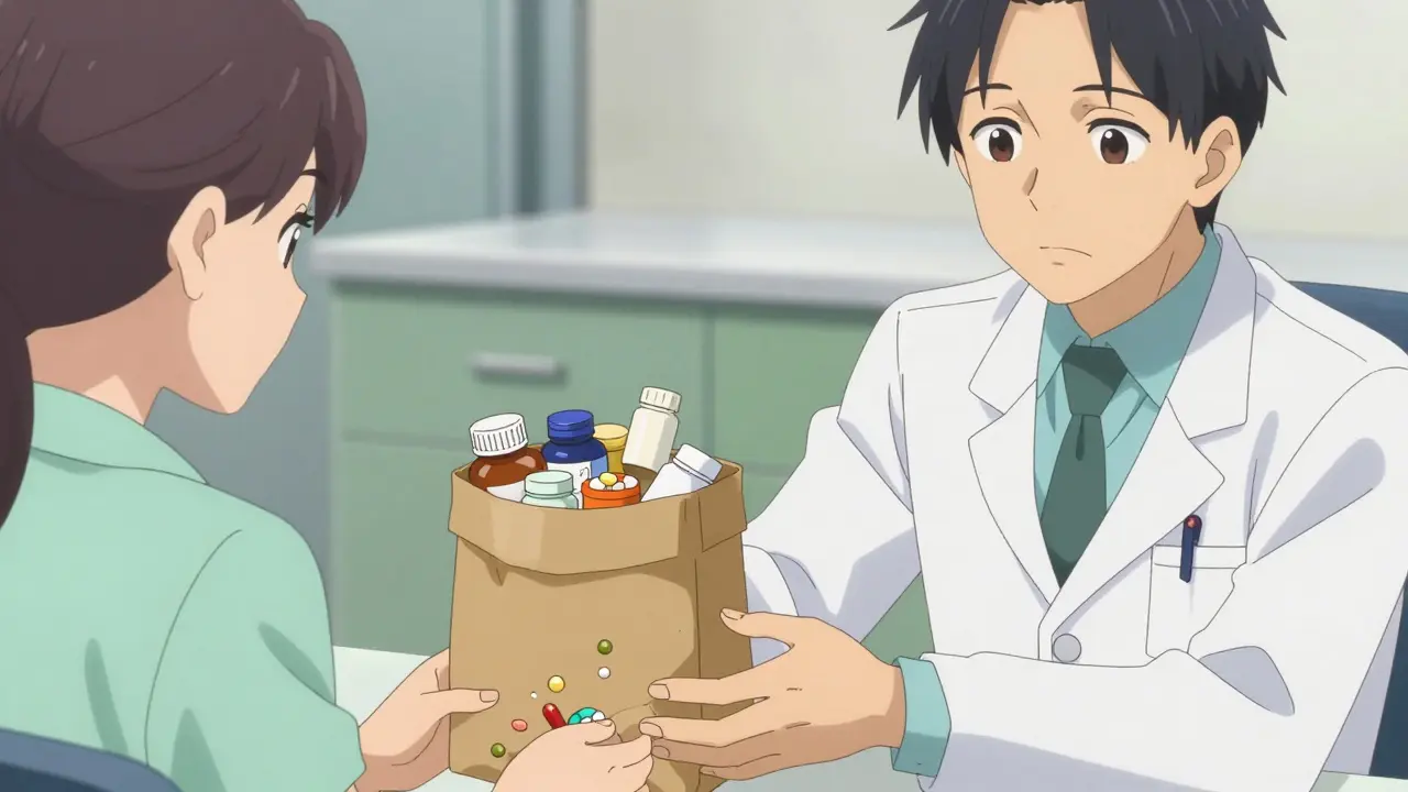 Patient giving bag of meds to doctor for review