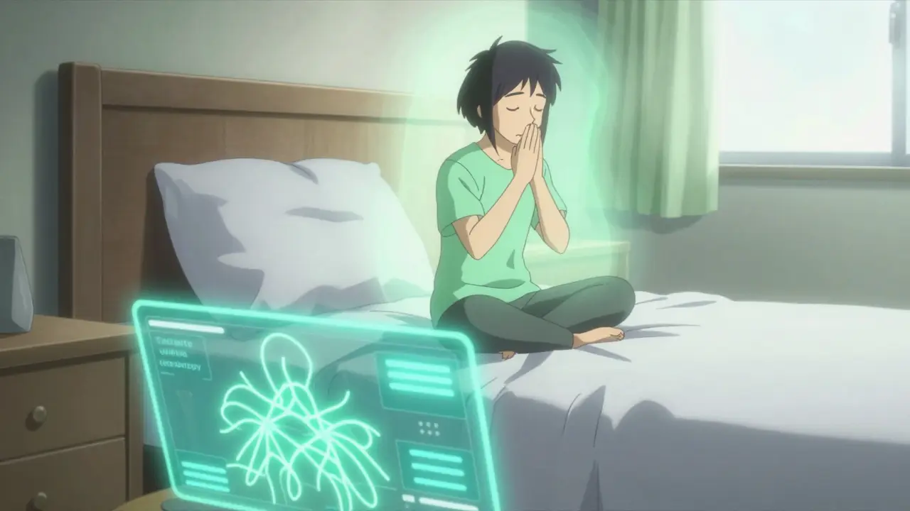 Person meditating in a serene bedroom with calming neural visualization effects.