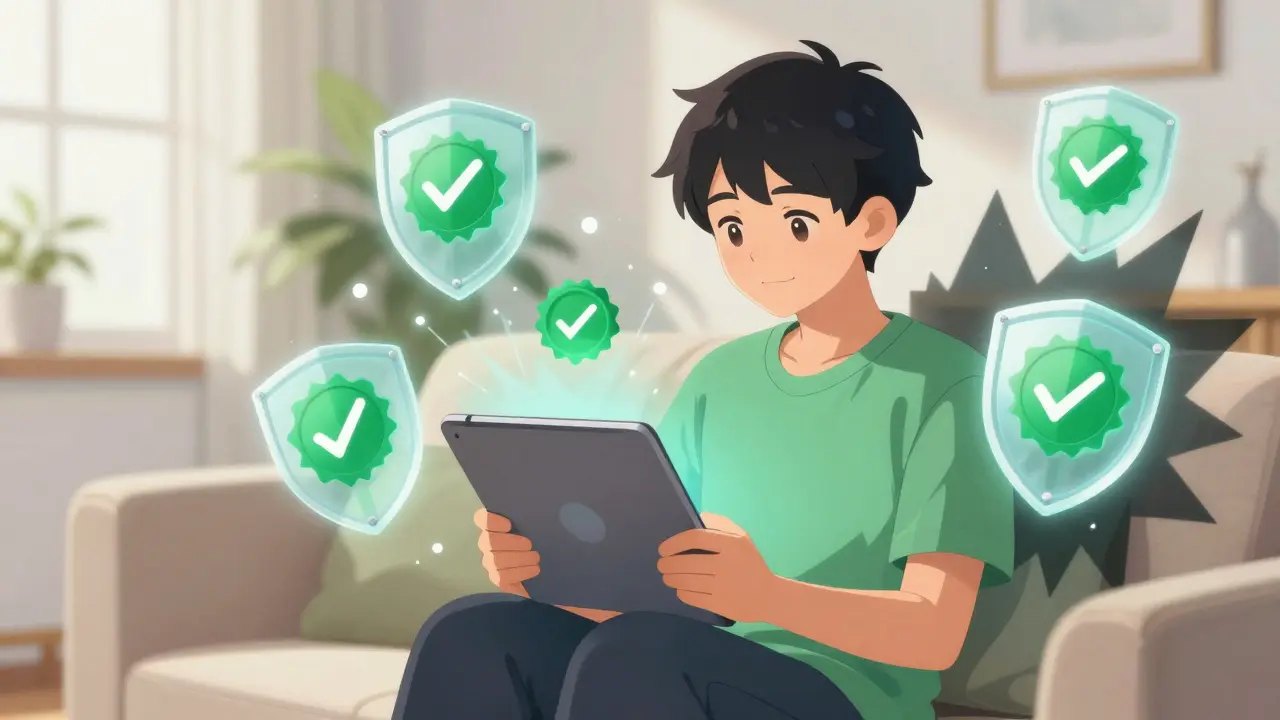 Safe online pharmacy purchase protected from scams in Madhouse anime style