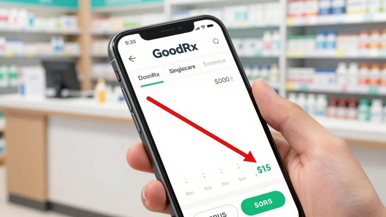 Smartphone showing prescription discount savings at a pharmacy counter