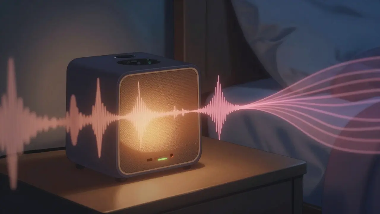 Sound machine emitting soothing brown noise waves in a calm, dimly lit bedroom.