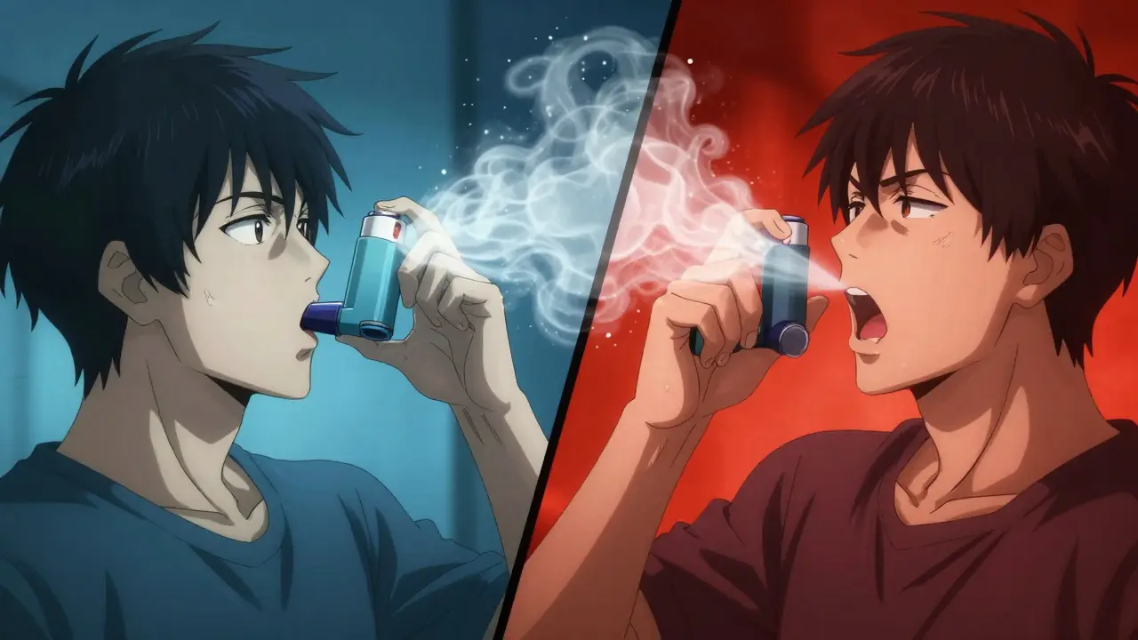 Split screen showing correct vs incorrect inhaler techniques