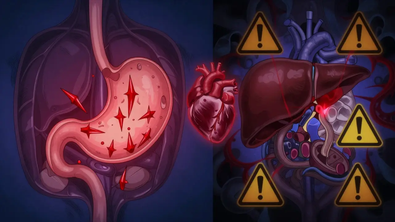 Stylized anatomy showing stomach and liver risks from pain medications