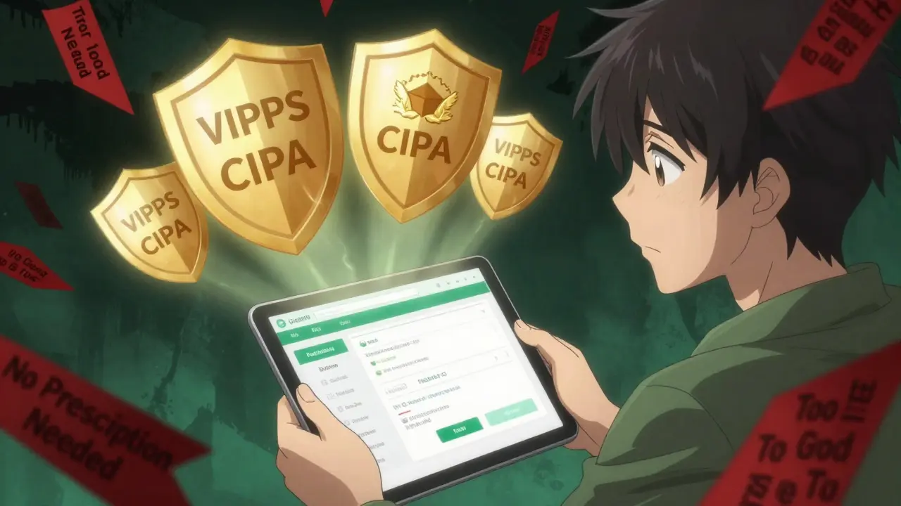 User verifying safe online pharmacy with digital security shields