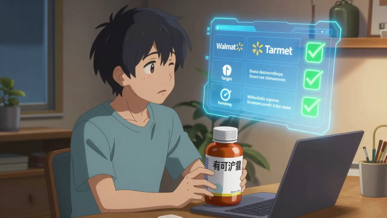 Anime character happily holding bulk medicine with safe retailer icons in background