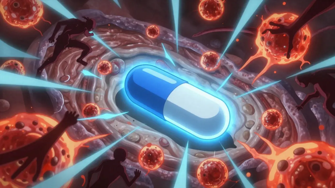 Anime concept art showing blue medicine calming red inflammatory immune cells