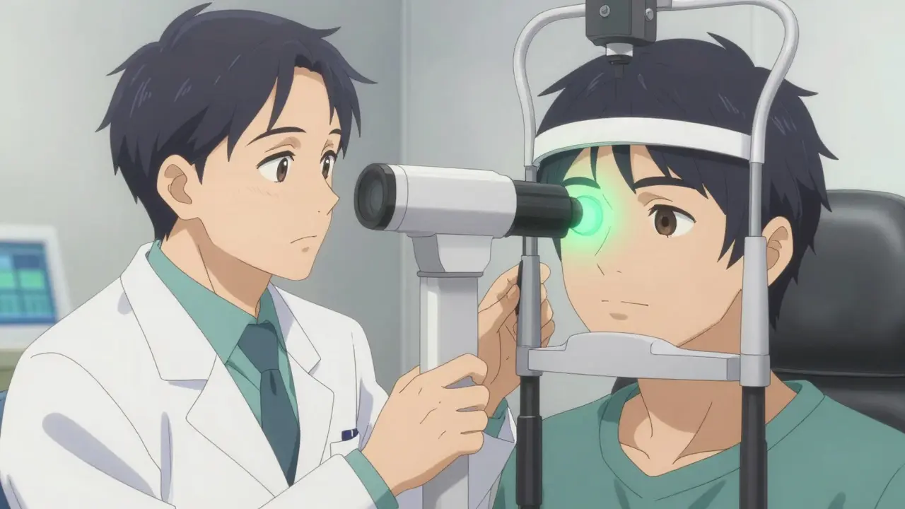Anime patient receiving a calm eye exam with a retinal scanner in a clinic