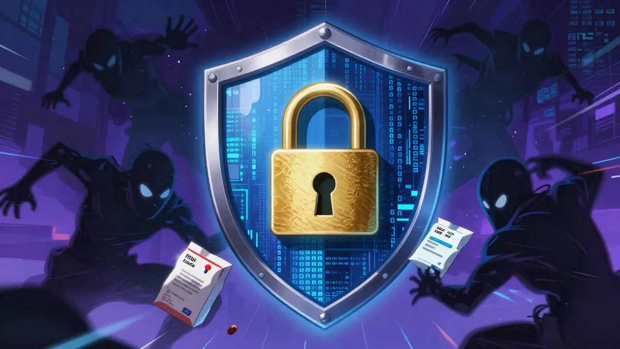 Anime style digital shield protecting medication package from scam threats