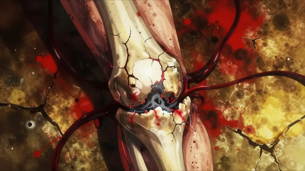 Cracking cartilage and fractured bone showing joint destruction