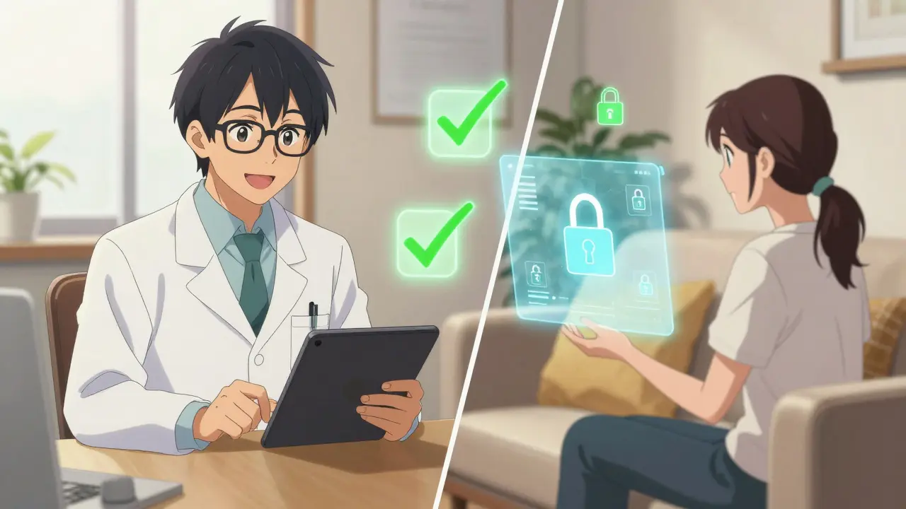 Doctor and patient connected via secure video call for prescription