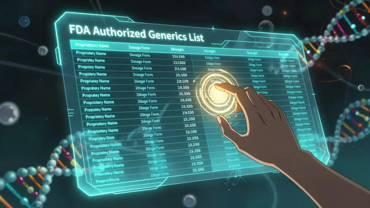 Futuristic digital interface displaying FDA authorized generics data list in anime style