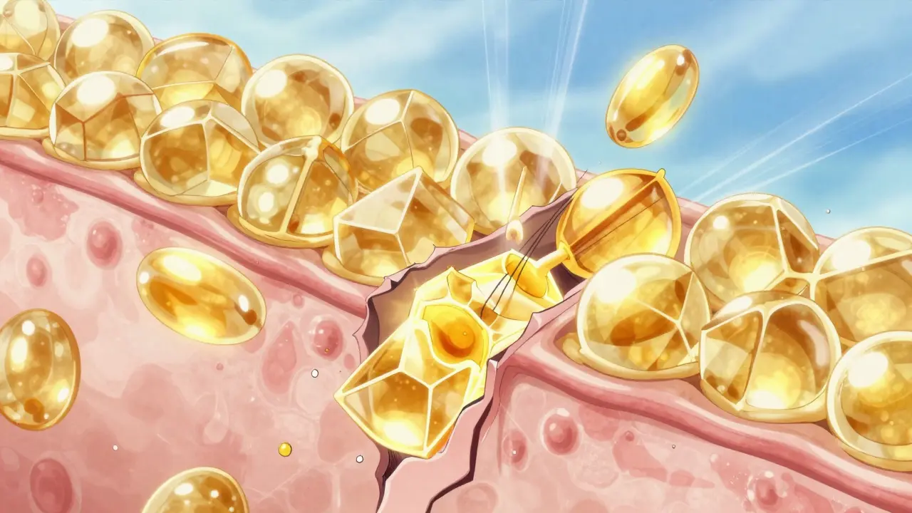 Golden lipid molecules rebuilding the skin barrier in a glowing, microscopic view