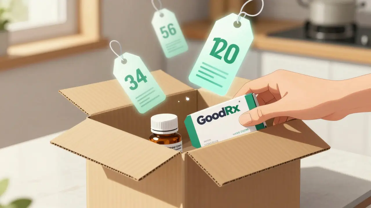 Medication delivery box on counter with floating discount graphics