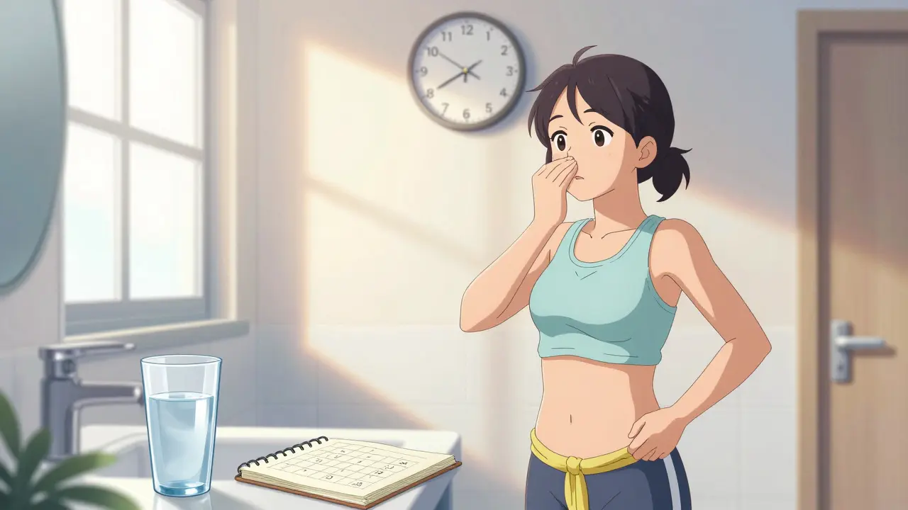 Person practicing bladder training and managing medication timing for better control.