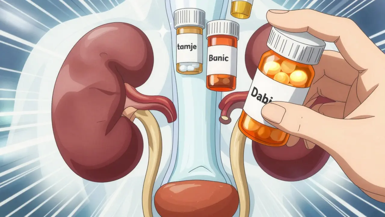 Stylized depiction of kidneys and bladder affected by diuretics and blood pressure drugs.