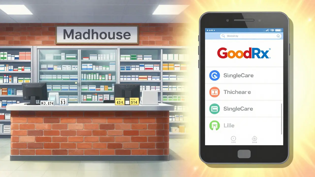 Anime comparison of expensive physical pharmacy vs affordable online discount options.