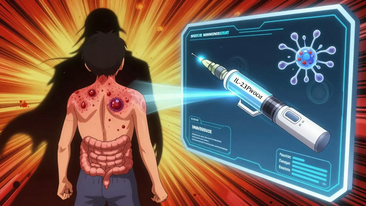 Anime illustration contrasting guttate triggers with biologic treatments