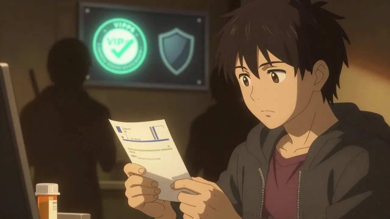 Anime person verifying safe pharmacy seals and prescription to avoid medication scams.