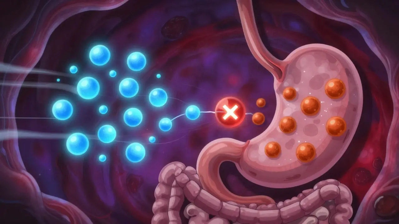 Anime visualization of iron and thyroid pills separating in gut