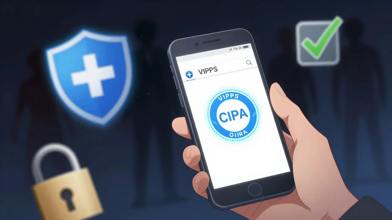 Character checking safe pharmacy seals on phone, avoiding fake sites