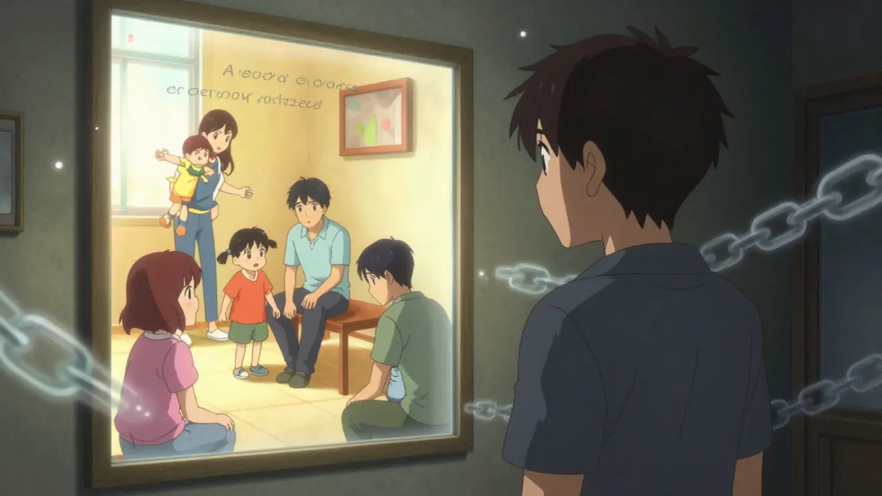 Character seeing positive future goals in mirror, overcoming resistance