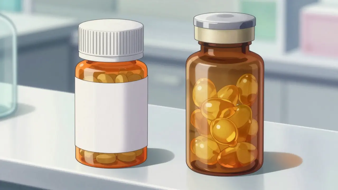 Comparison of tablet and liquid gel pill bottles