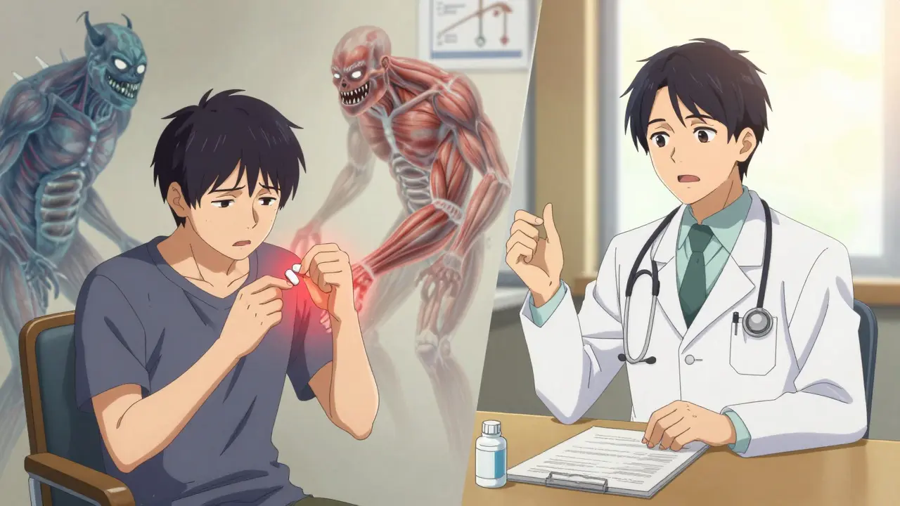 Doctor debunking statin myths with a worried patient in anime style