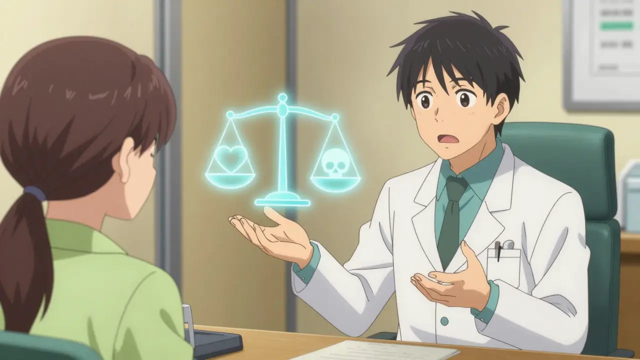 Doctor explaining risk-benefit analysis to patient in clinic