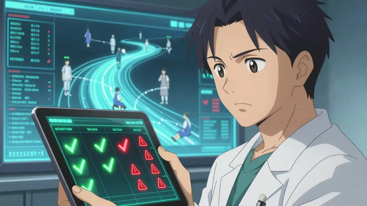 Doctor reviewing glowing data on futuristic tablet