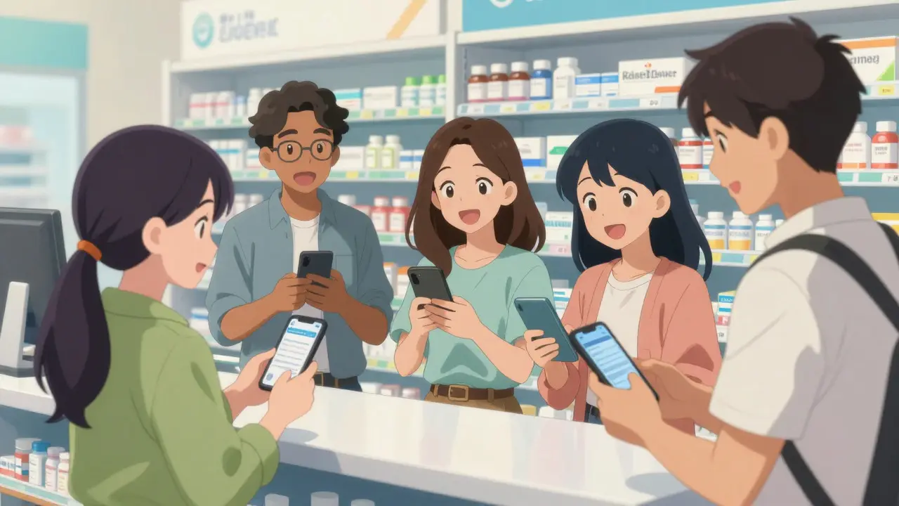 Friends happily using digital coupons at a pharmacy counter