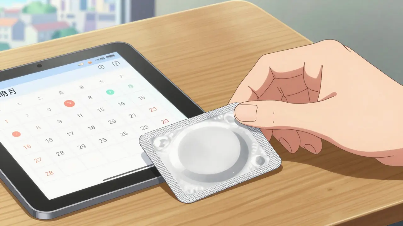 Generic birth control pack on table with calendar reminder
