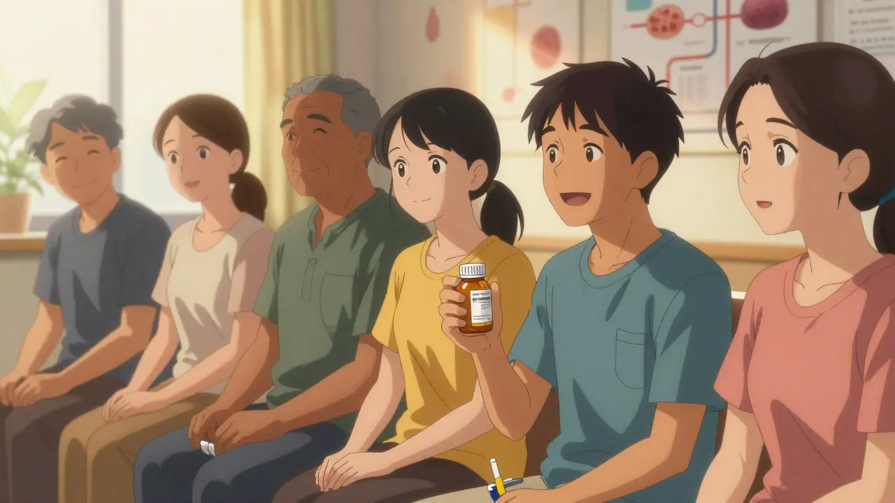 Hopeful anime patients holding psoriasis medications in a clinic