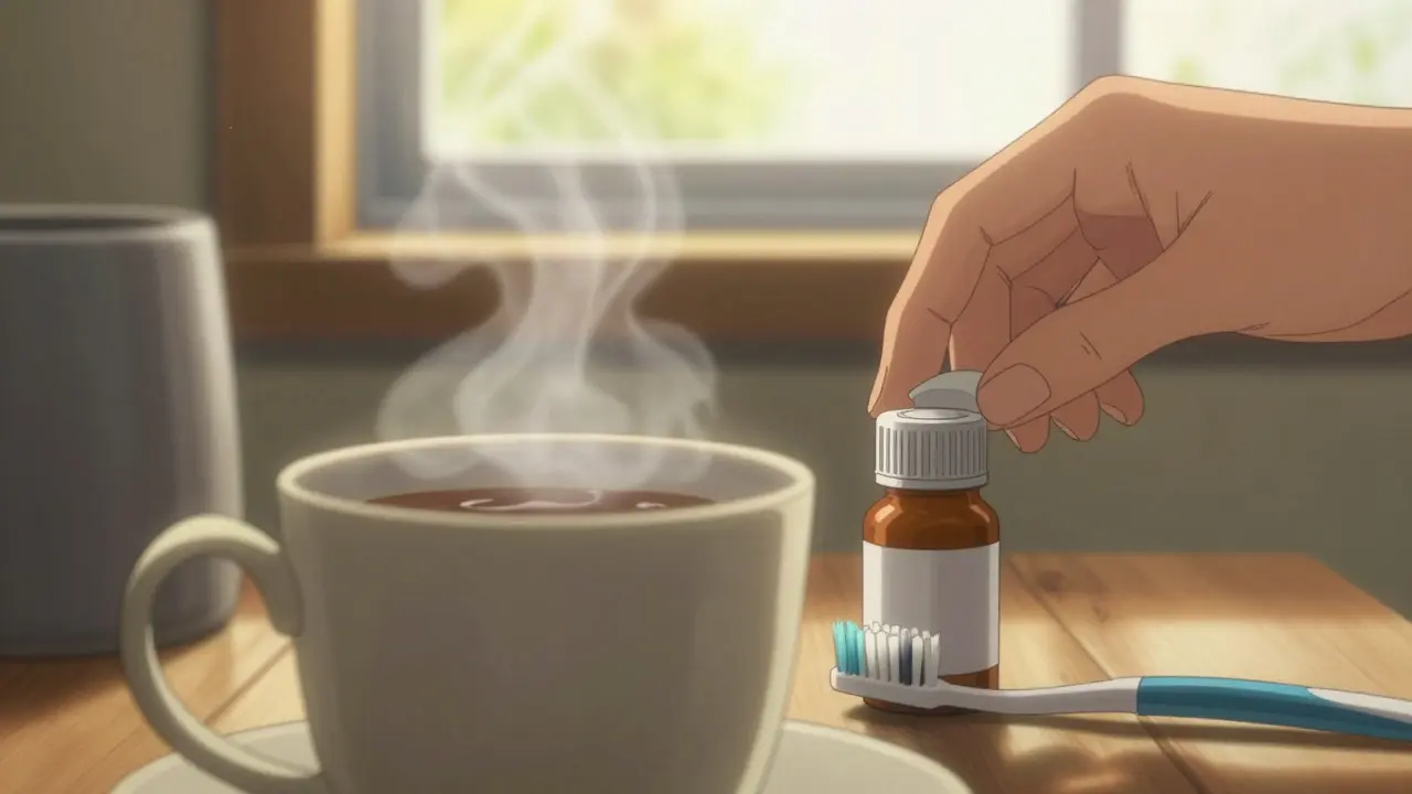 Morning coffee and pill bottle illustrating habit stacking technique