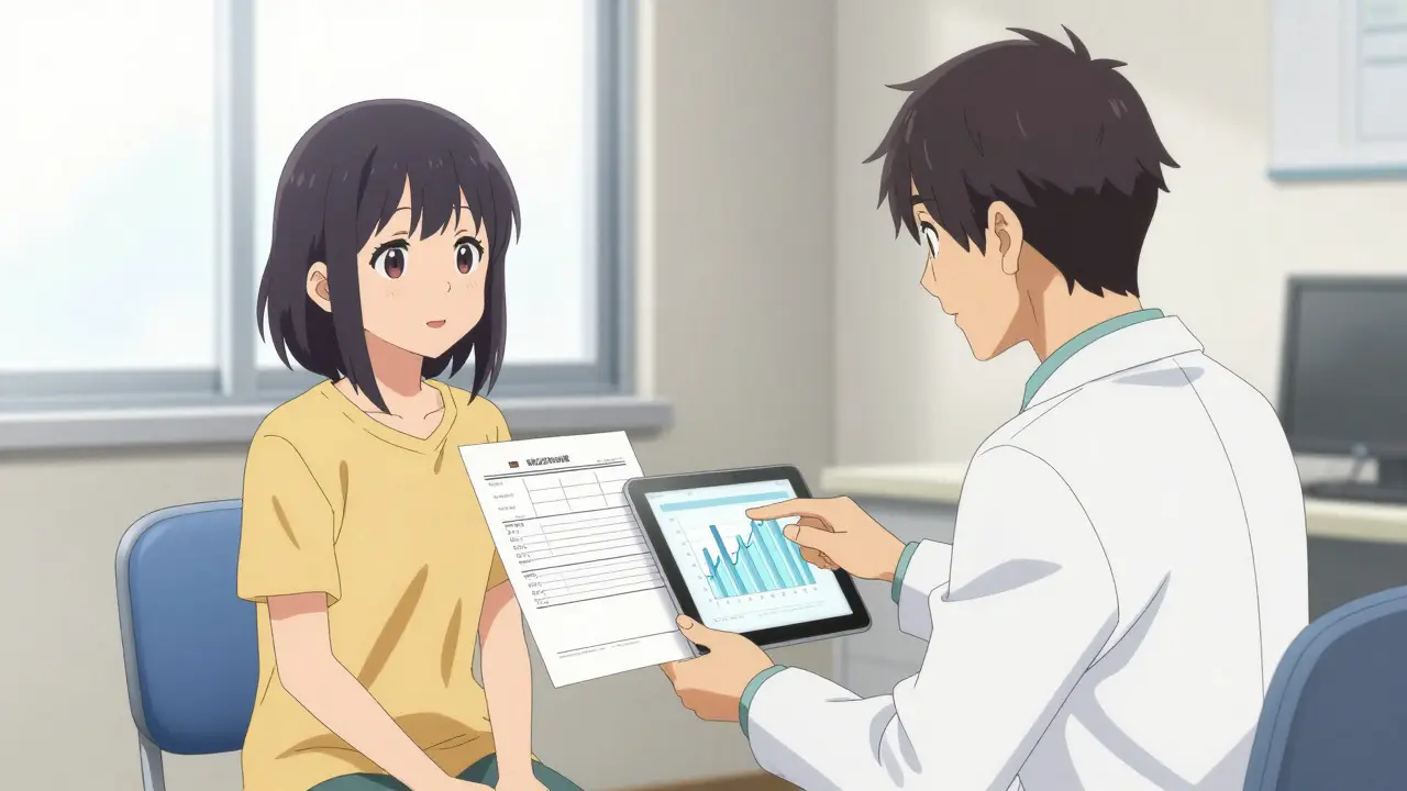 Patient reviewing successful blood test results with doctor