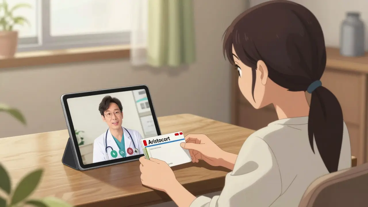Person having a telehealth video call with a doctor for prescription