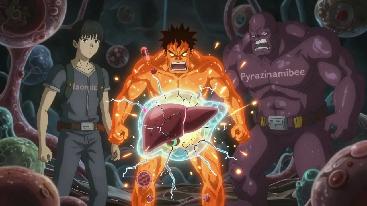 Three TB drugs attacking a liver cell in anime style