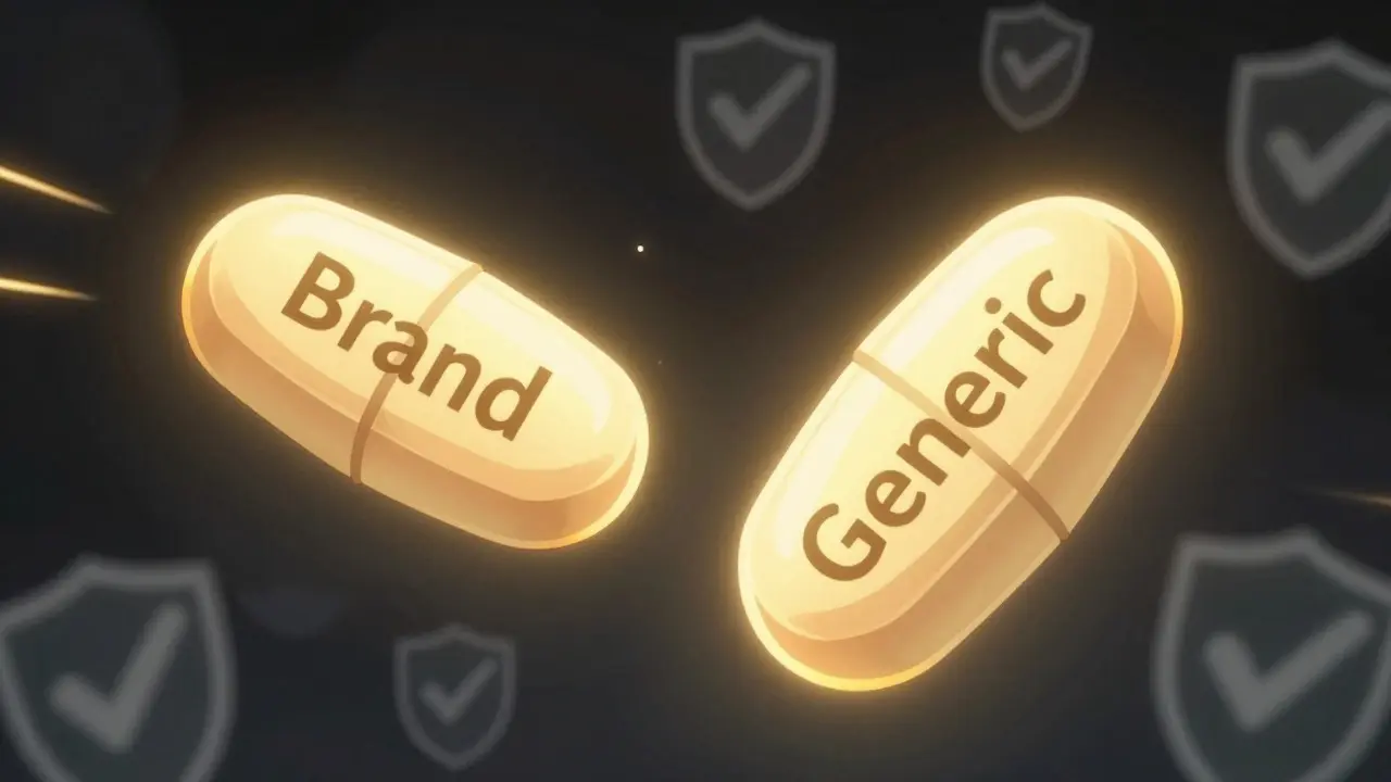 Two identical glowing pills representing equal generic and brand quality