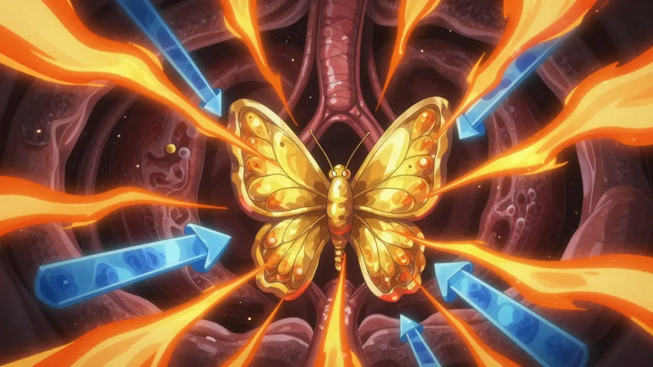 Abstract anime art showing thyroid gland overwhelmed by herbal energy waves