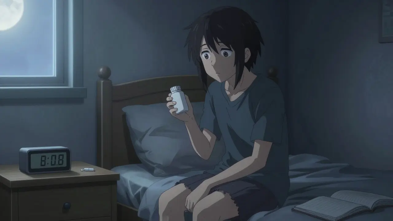 Anime character looking anxious while holding a pill bottle in a dim bedroom at night.