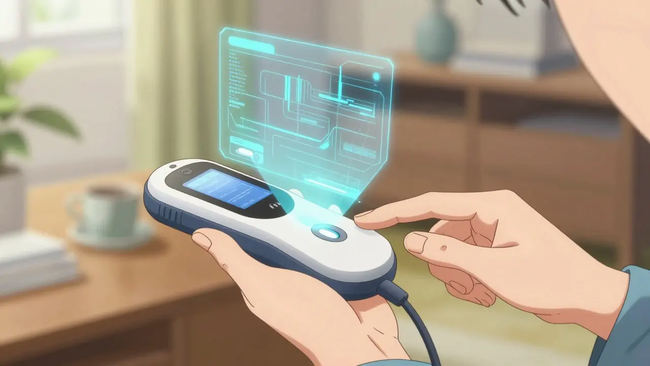 Anime depiction of a futuristic handheld device scanning a blood sample for rapid health monitoring.