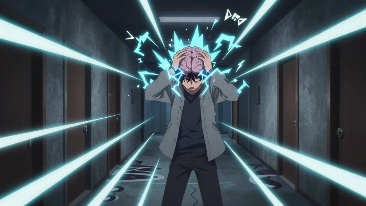 Anime depiction of SSRI withdrawal symptoms with electric zaps and dizzying distortion.