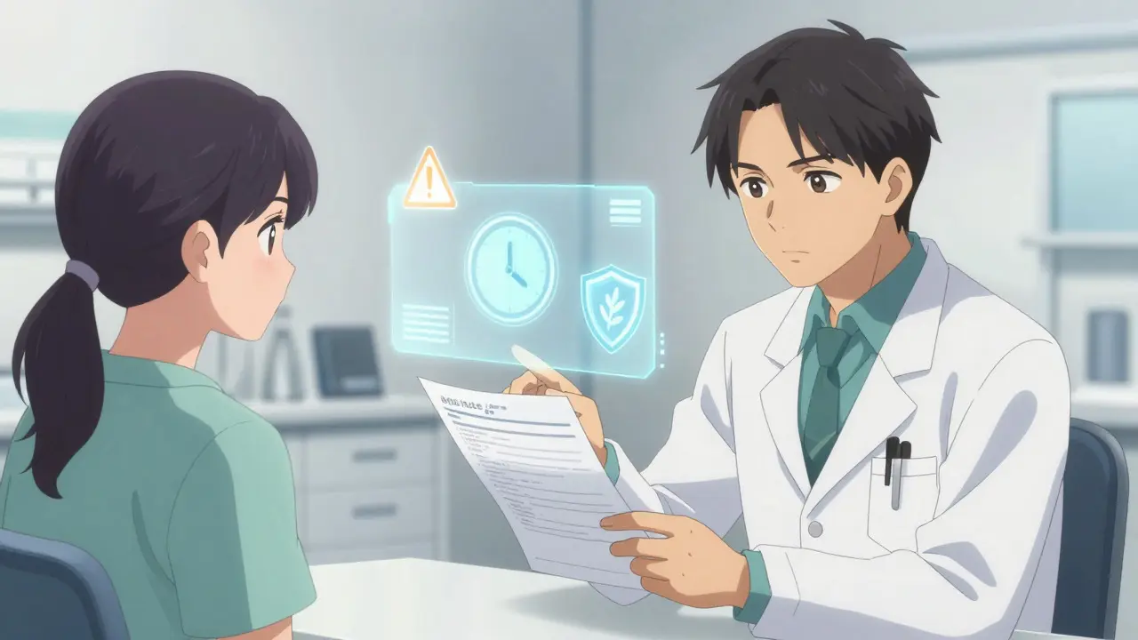 Anime doctor explaining blood test risks to patient in clinical office