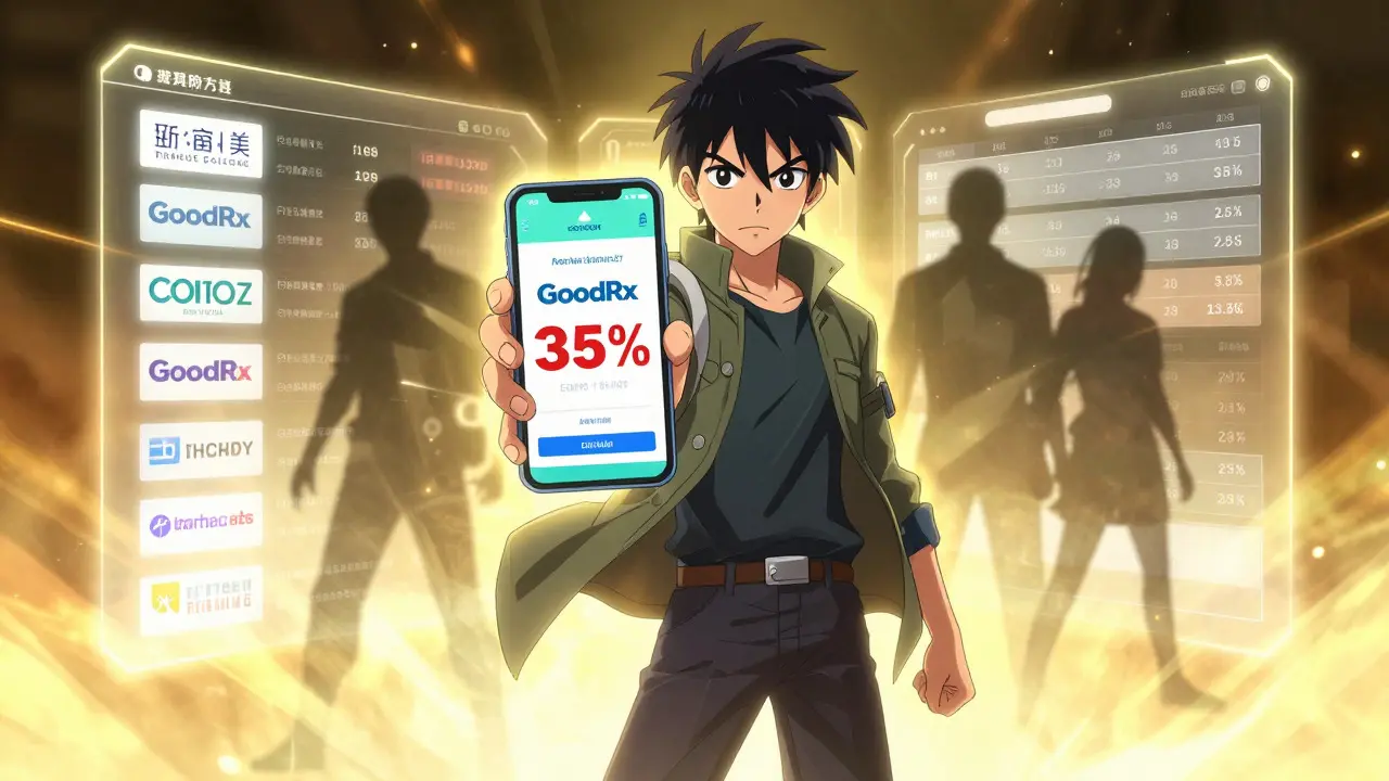 Anime hero comparing pharmacy prices on a glowing screen