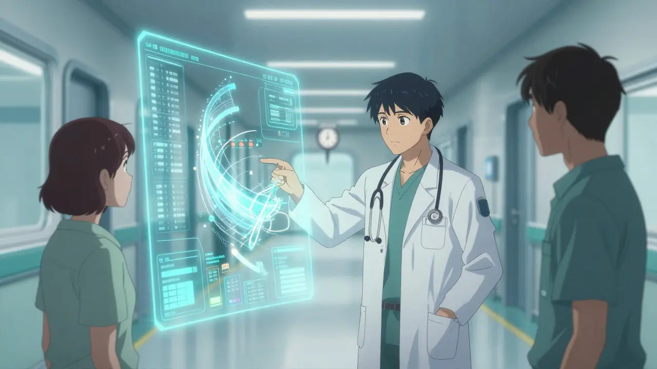 Anime scene of a doctor and patient reviewing holographic healthcare data in a futuristic hospital