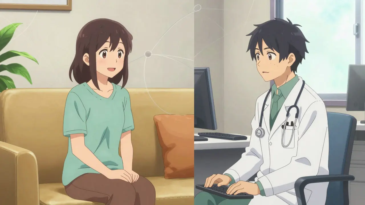 Anime style split screen of patient and doctor video call