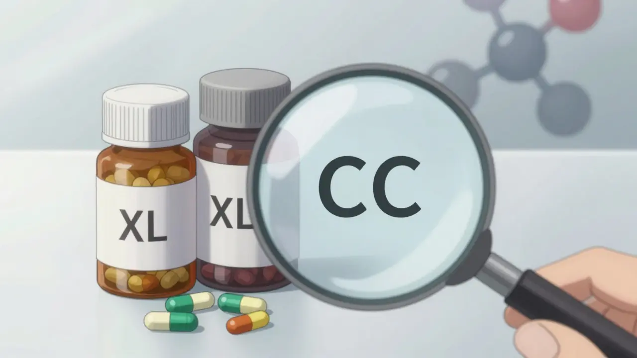 Close-up of different Adalat medication bottles with magnifier