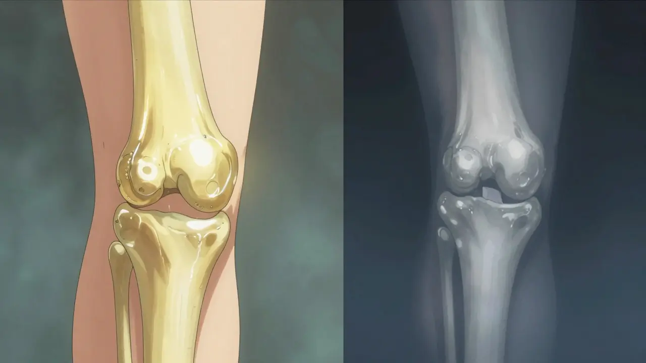 Conceptual art comparing healthy lubricated knee vs arthritic knee