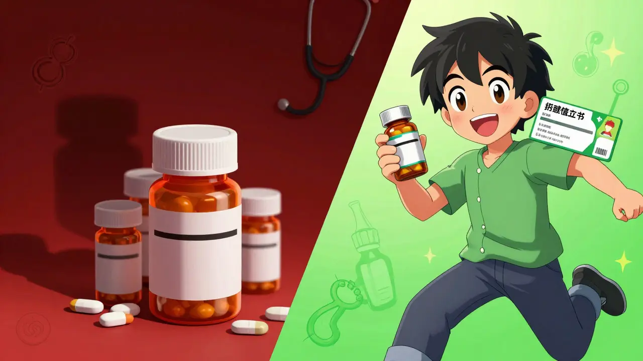 Happy anime character holding affordable generic medicine
