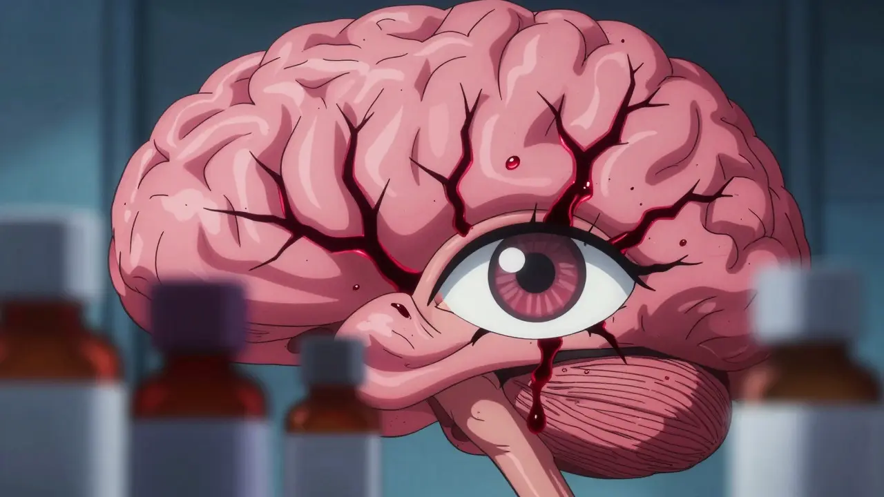 Madhouse anime art of brain and eye with dark cracks symbolizing hemorrhage risk