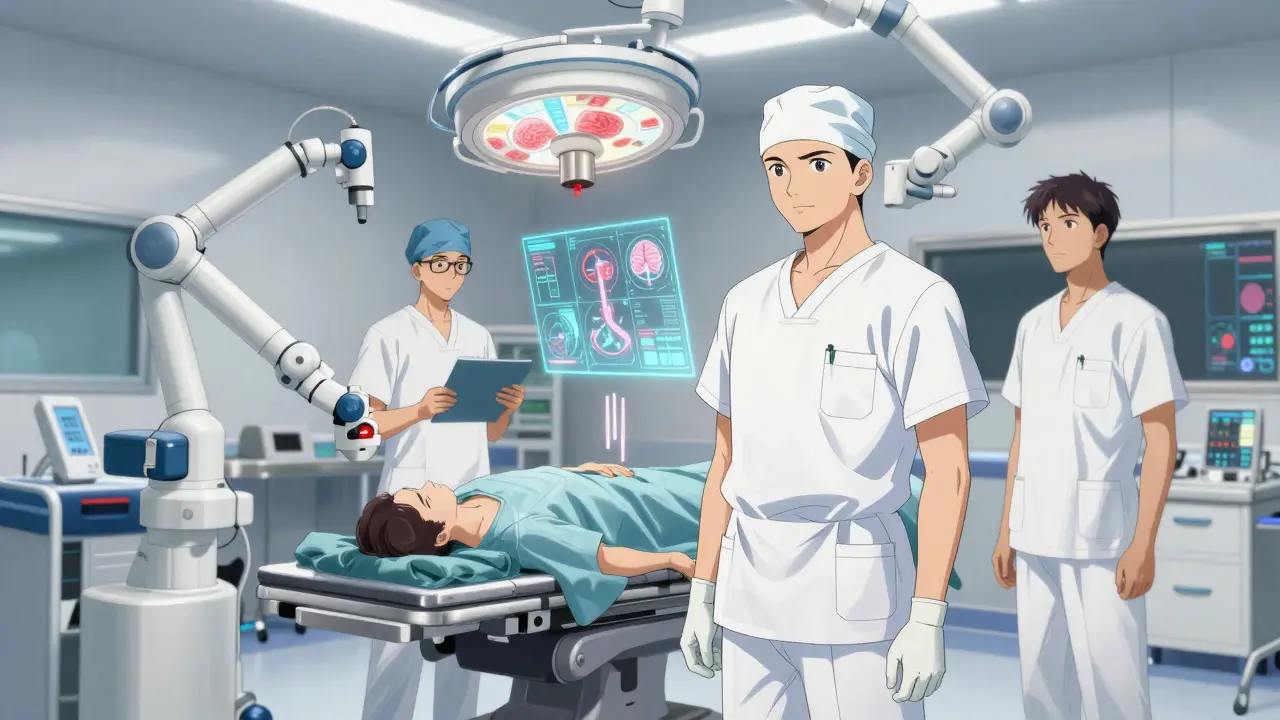 Madhouse anime style medical team coordinating multimodal treatment in a futuristic operating room